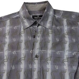 Bugatchi Uomo Mens Medium Gray Plaid Long Sleeve Button Down Shirt
